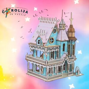 3D drvena slagalica Plava Vila Fantazija na pastelnoj pozadini sa zvezdicama, simbol bajkovite igre i mašte.