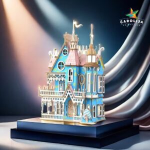 Sastavljena 3D drvena slagalica Plava Vila Fantazija osvetljena reflektorima na postolju, elegantna prezentacija proizvoda.