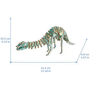 3D DRVENA PUZZLE DIPLODOKUS NA BELOJ POVRSINI SA DIMENZIJAMA